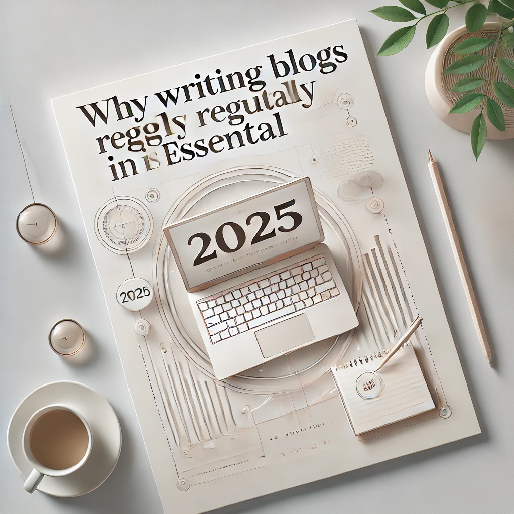 DALL·E 2024-12-25 10.47.27 - An elegant and motivational banner displaying the text 'Why Writing Blogs Regularly in 2025 is Essential' in a clean, modern font. The background feat ブログWEBサイトを始める